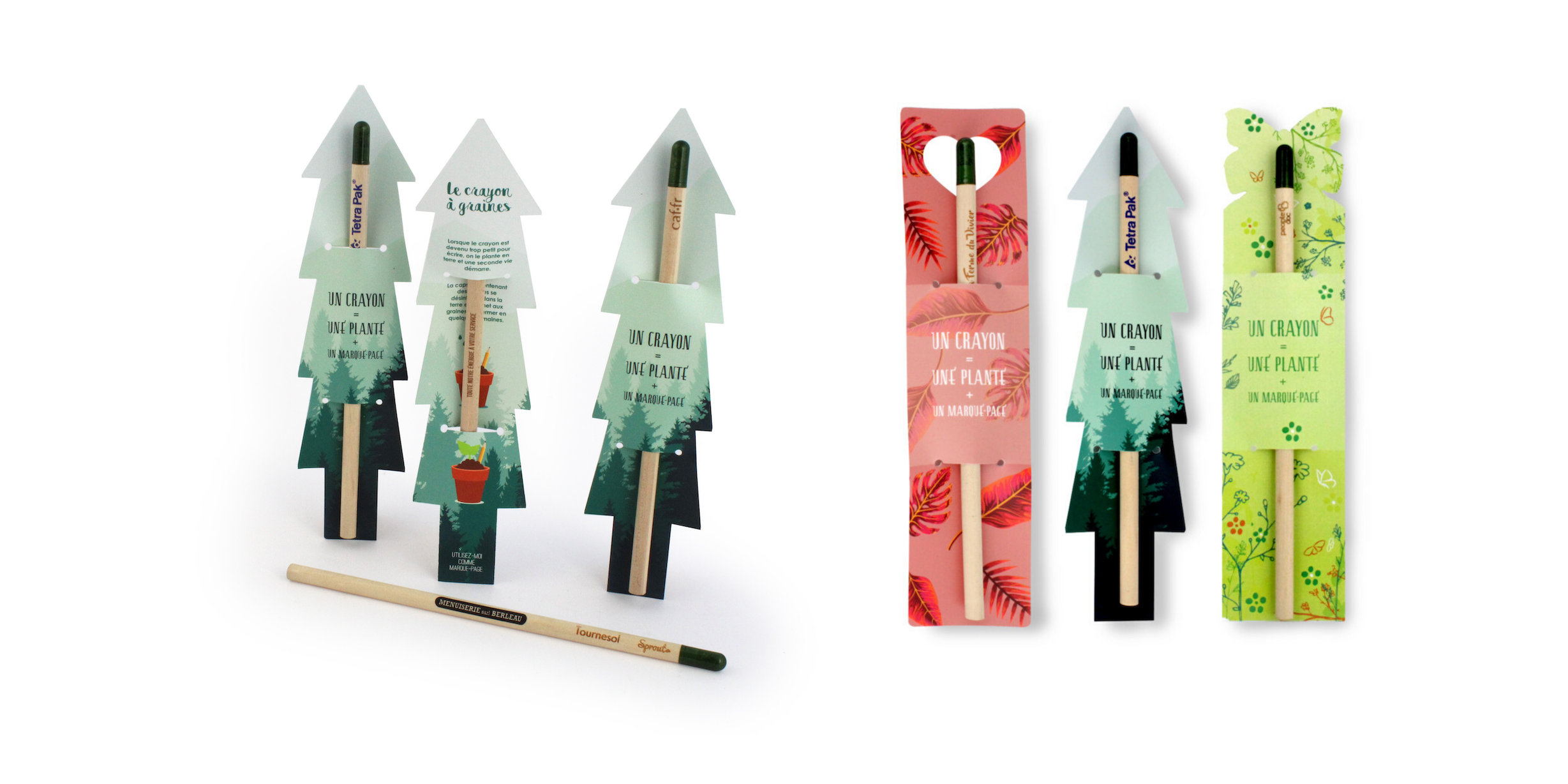 The seed pencil and its customizable bookmark in the shape of a fir tree